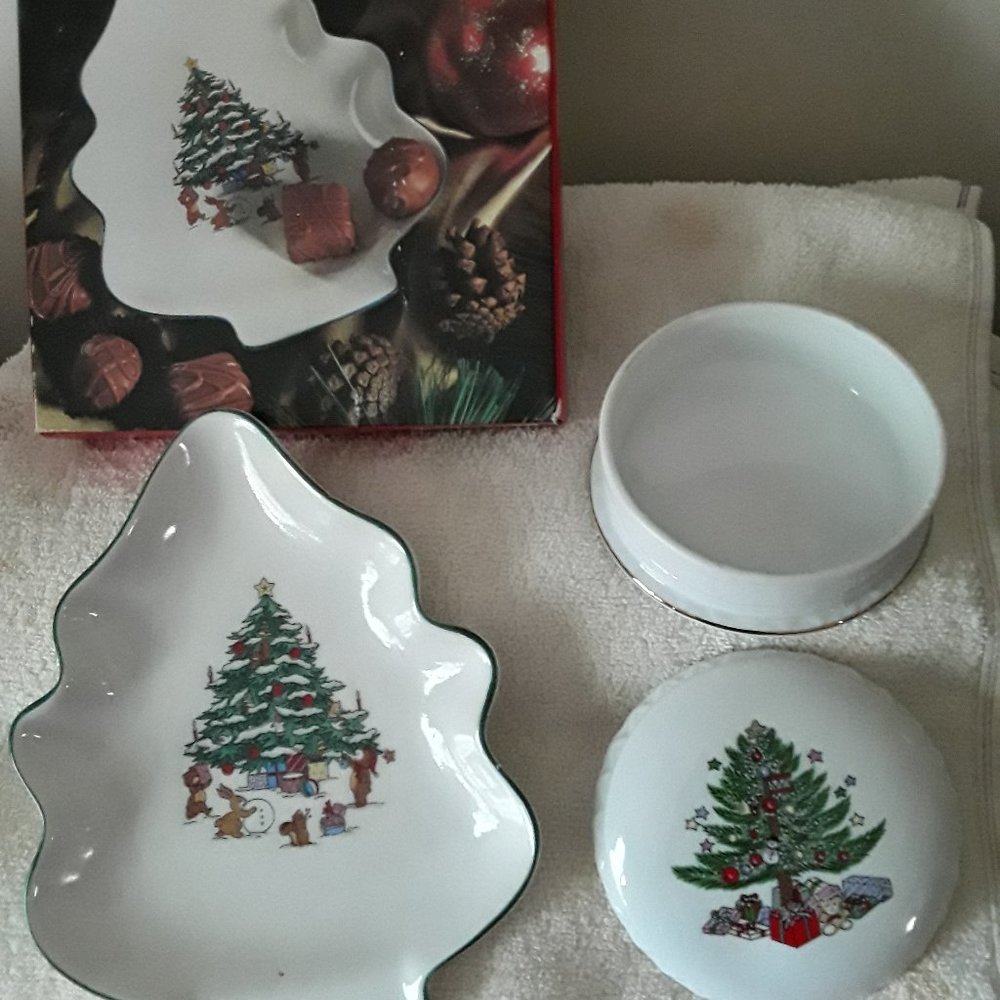Lot of Two - Christmas Tree Dish - NIB and Christmas Tree Covered Keepsake Box